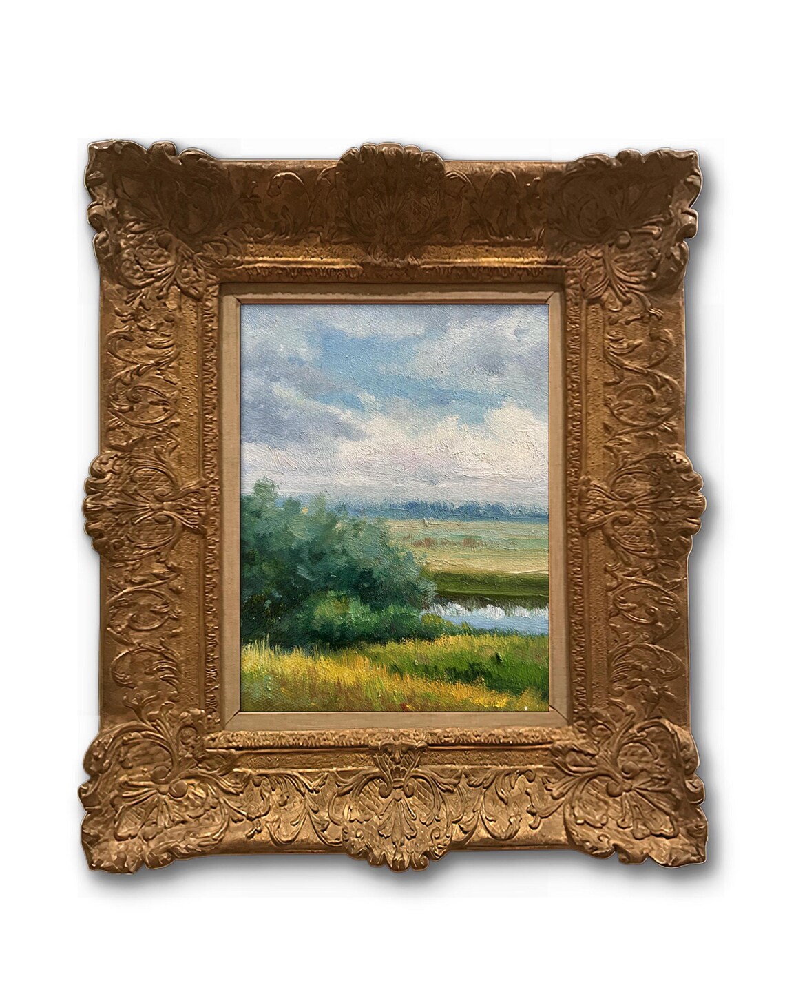 Summer River Meadow Oil Painting Green Banks Blue Sky Calm Water Poster