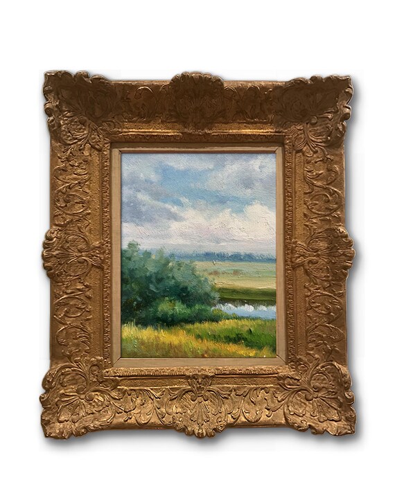 Summer River Meadow Oil Painting Green Banks Blue Sky Calm Water Poster