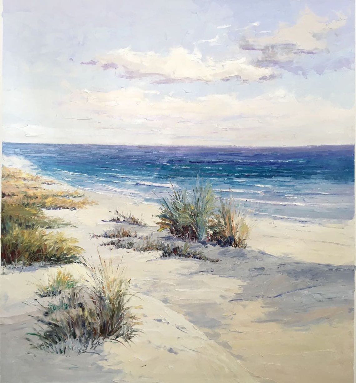 Serene Beach Dunes Sea Grass Ocean Horizon Pastel Coast Poster