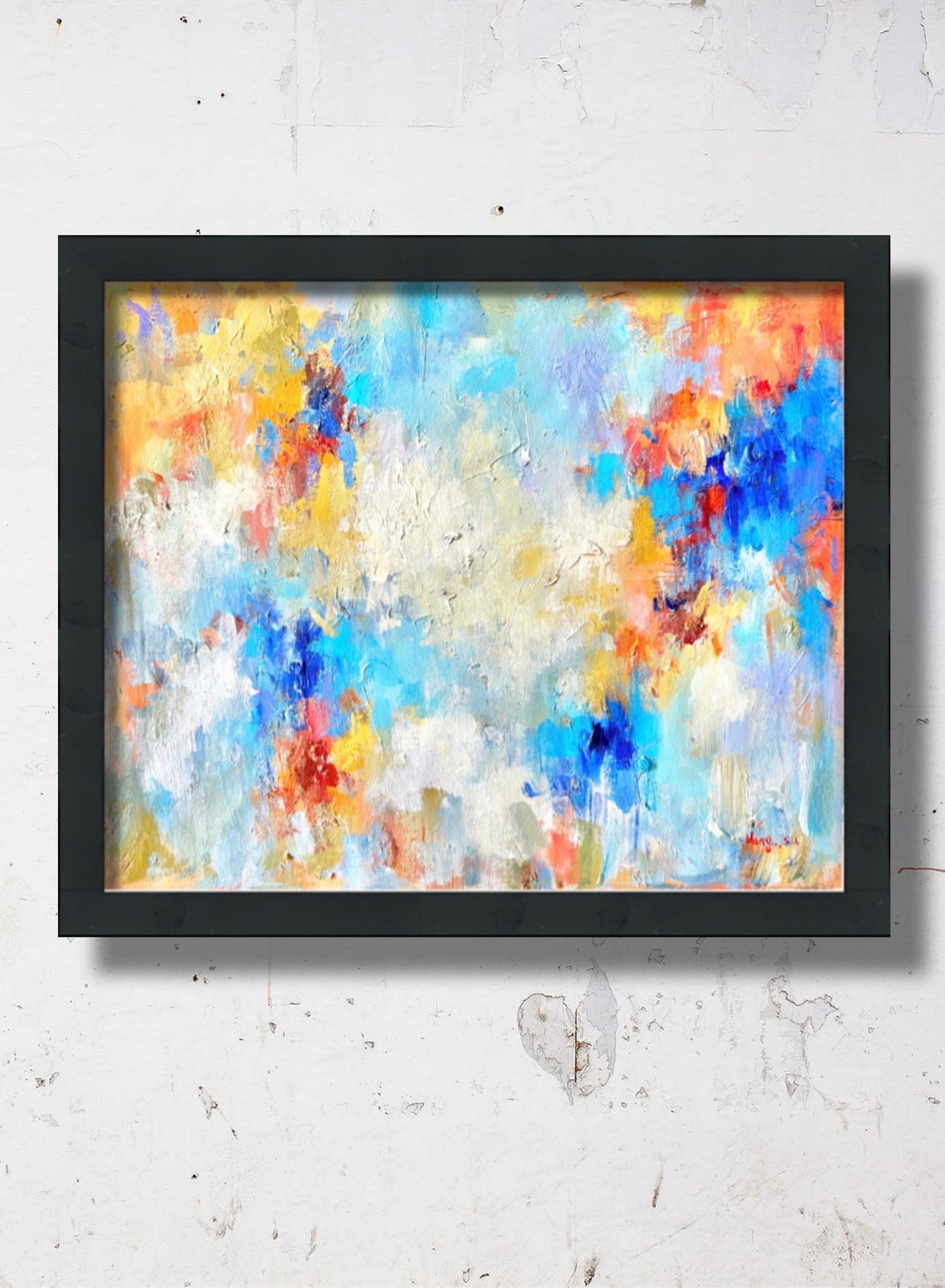 Bright Colorful Abstract White Blue Orange Modern Canvas Art Print