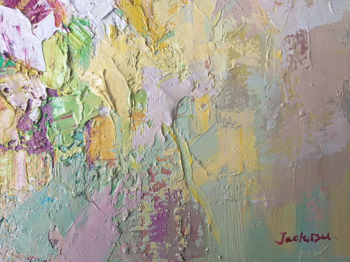 Colorful Impasto Yellow Pink Abstract Floral Modern Art Print - Image 2