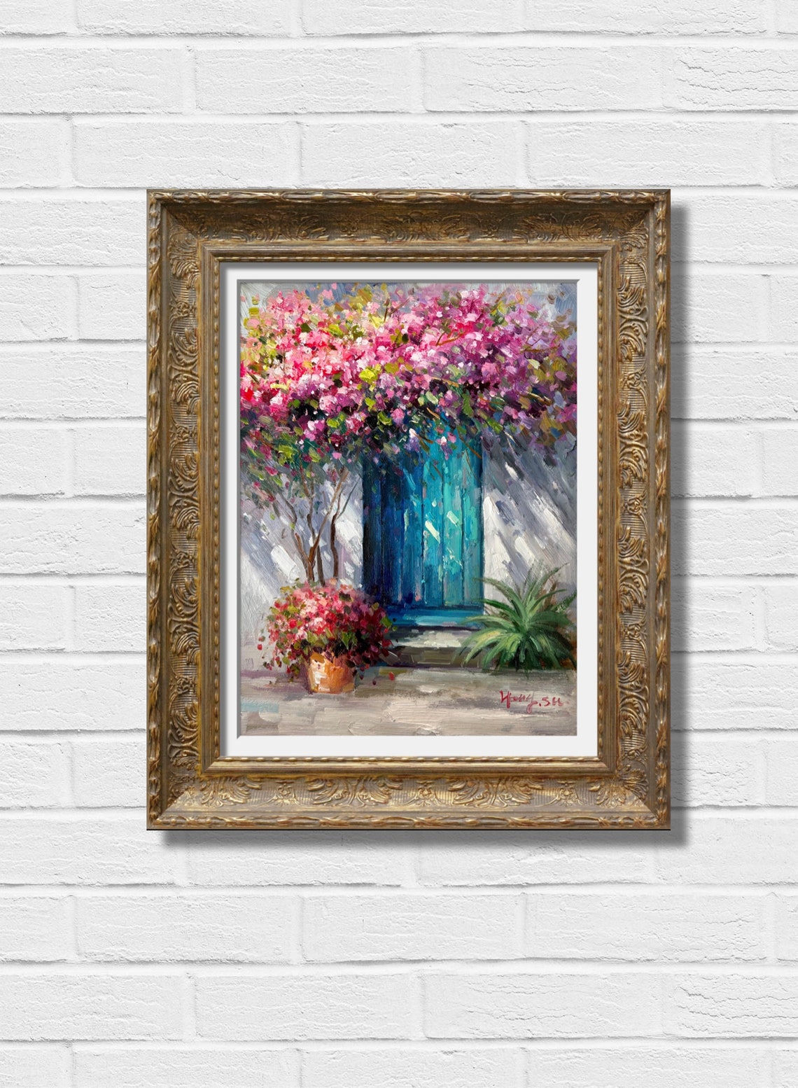 Blue Door Pink Bougainvillea Mediterranean Entryway Art Print