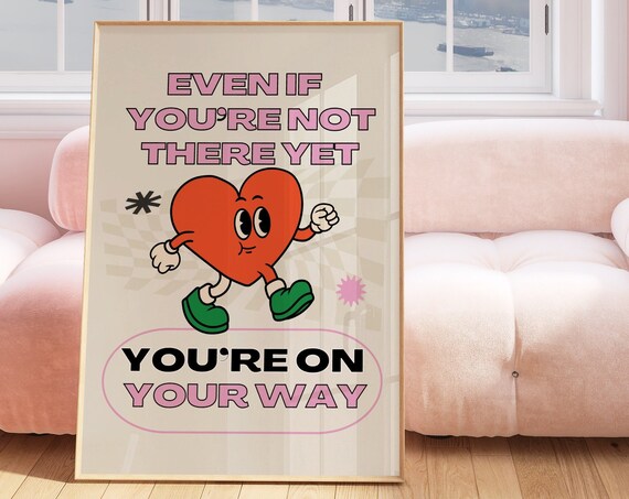 Retro Motivational Classroom Print Vintage Heart Character Insporational Wall Art Girl Dorm Room Decor 70s Funky Pink