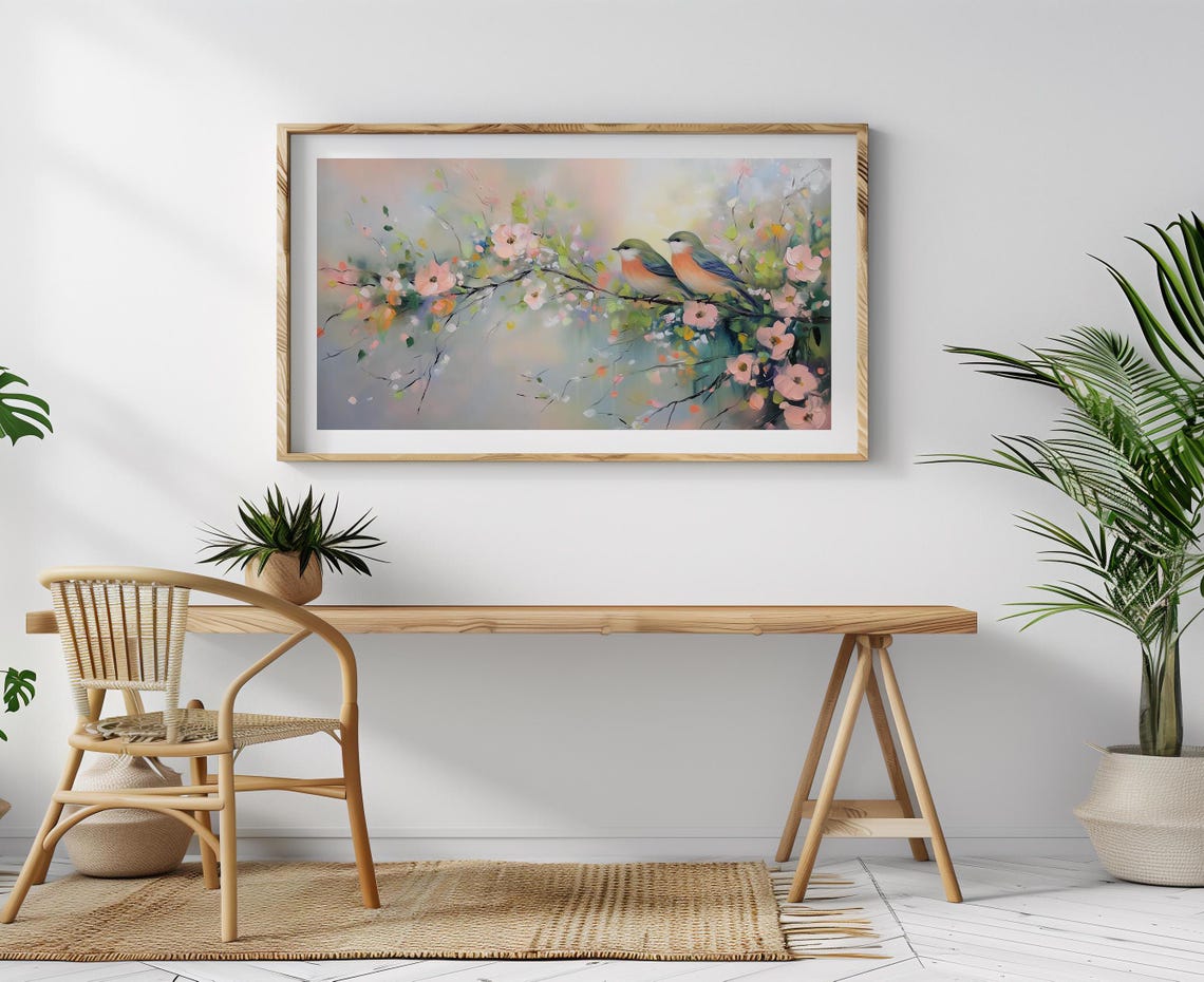Two Songbirds Blossom Branch Spring Pastel Floral Frame TV Art Poster - Image 3