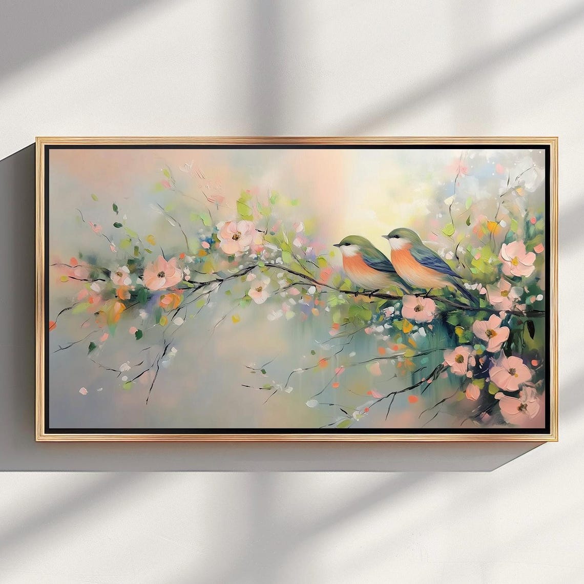 Two Songbirds Blossom Branch Spring Pastel Floral Frame TV Art Poster
