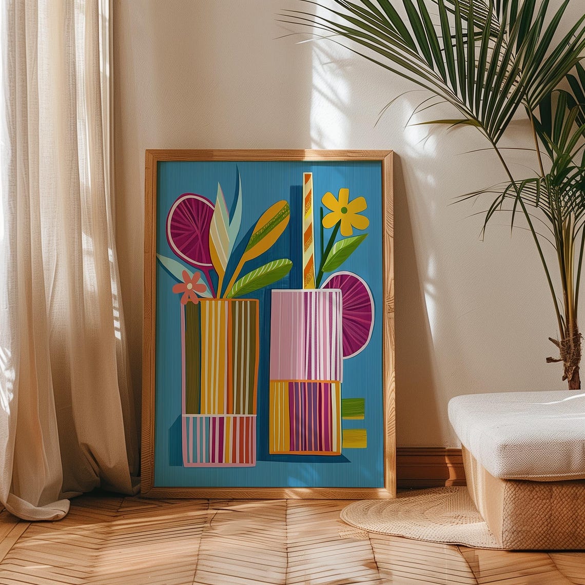 Modern Cocktail Poster Colorful Striped Drinks on Bold Blue Ground - Image 3