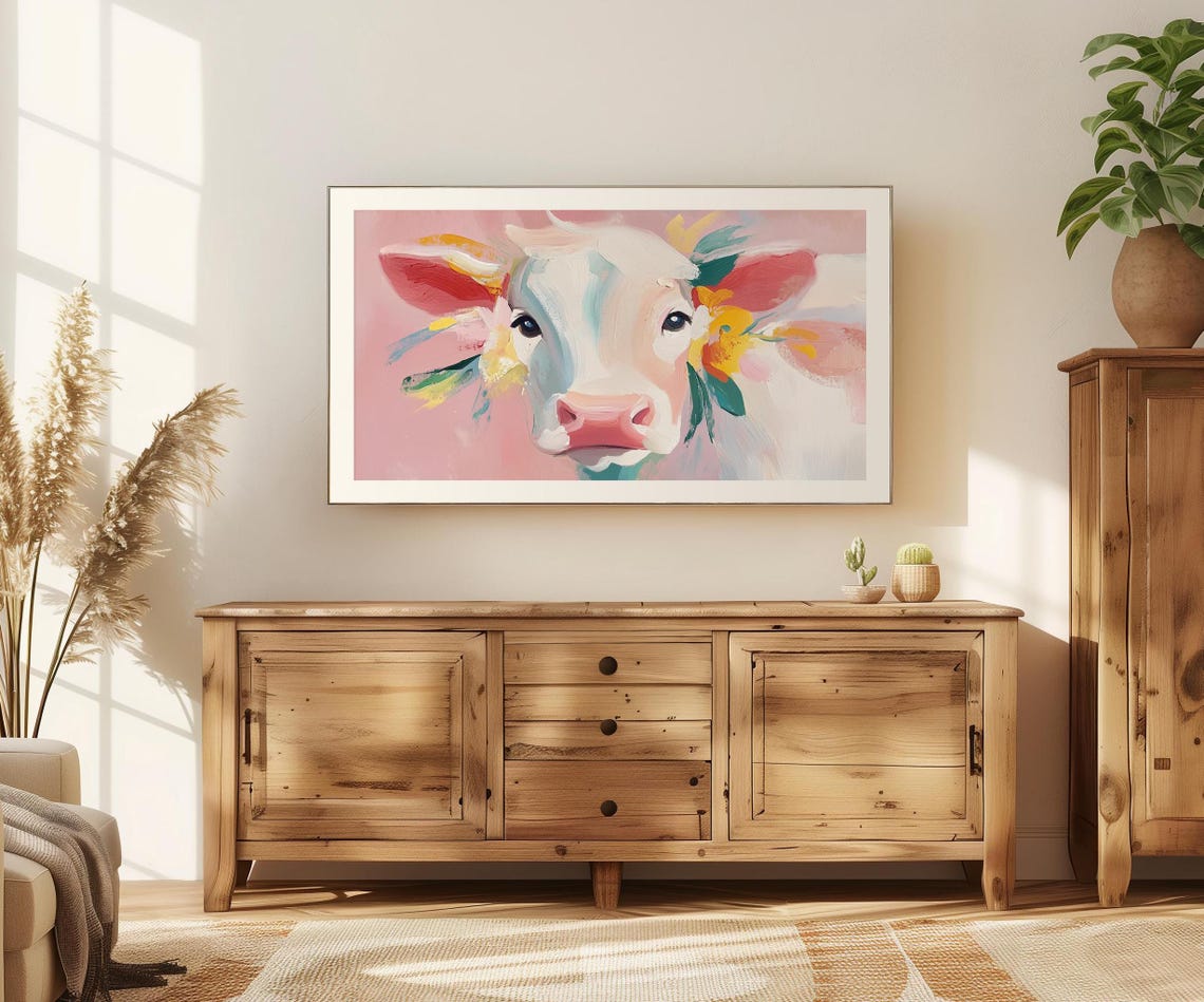 Pastel Pink Cow Portrait Cute Farmhouse Animal Art Frame TV Poster - Image 3