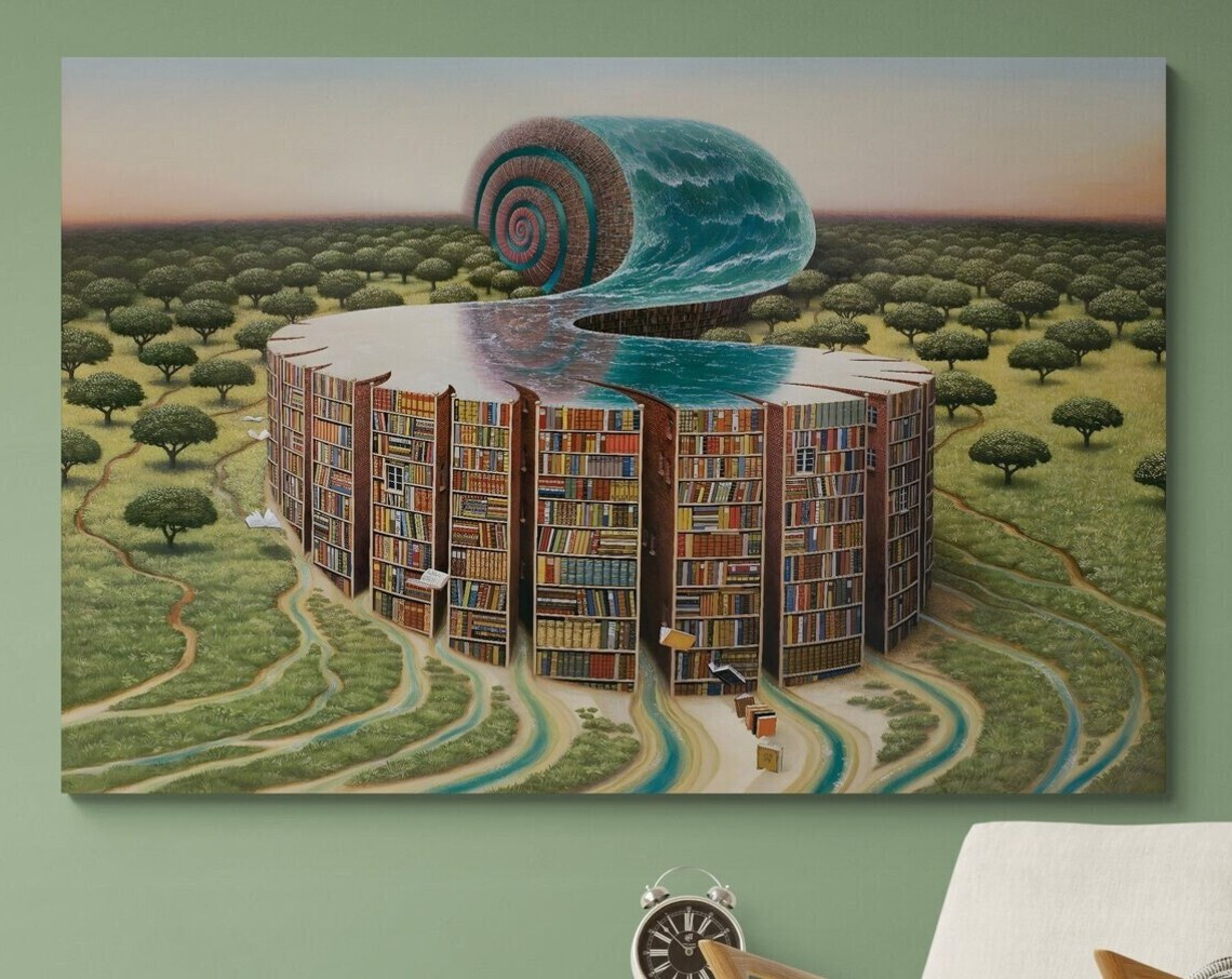 Surreal Library River Art Print, Abstract Bookcase - Image 3