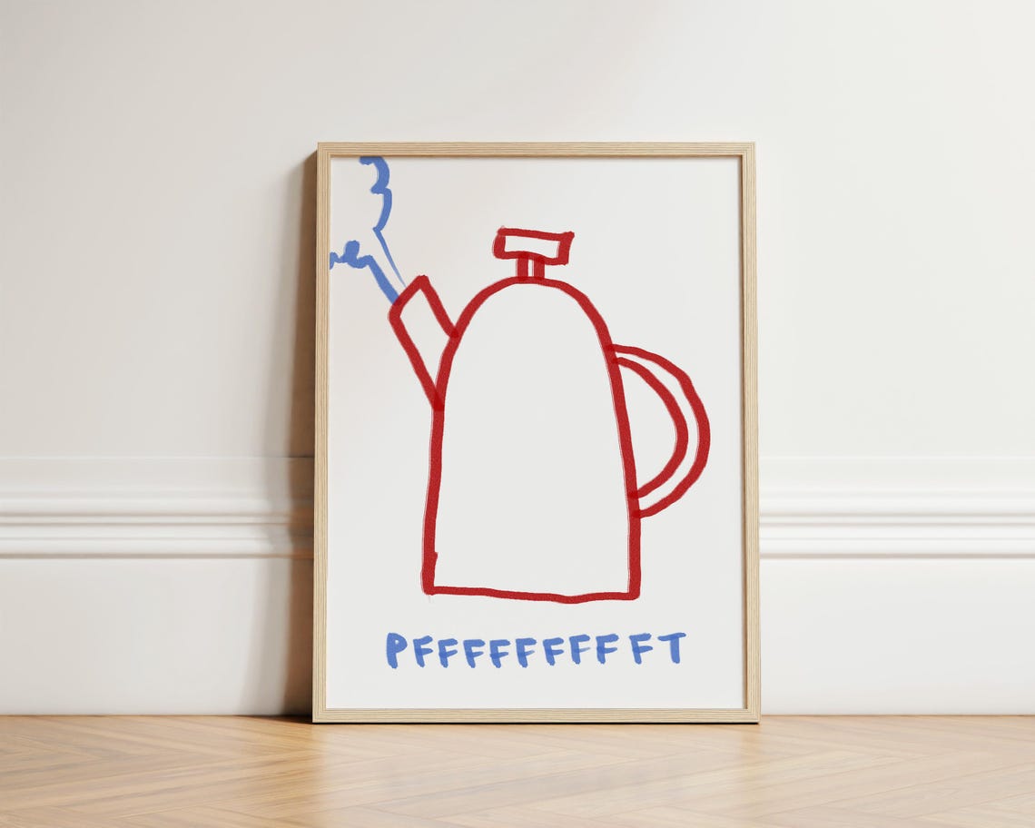 Funny Red Kettle Doodle Pffffft Steaming Tea Minimalist Kitchen Print