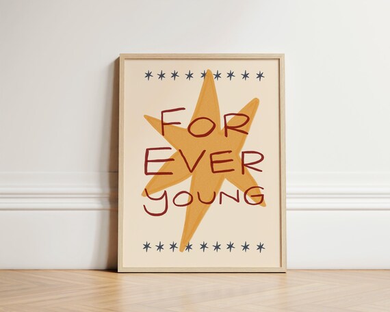 Forever Young Star Boho Nursery Handwritten Typography Cheerful Wall Print