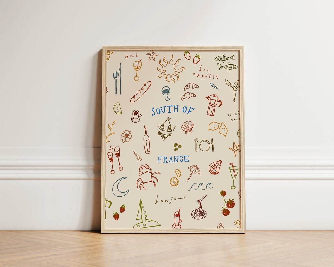 South Of France Doodle Food Travel Icons Coastal Kitchen Poster