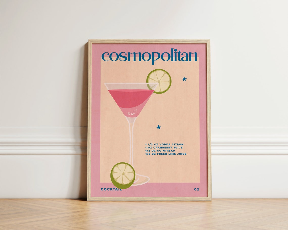 Trendy Pink Cosmopolitan Cocktail Recipe Retro Kitchen Wall Art
