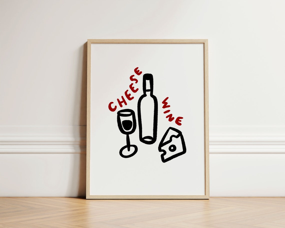 Cheese and Wine Fun Line Art Kitchen Dining Room Decor Poster