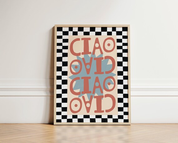 Ciao Typography Checkered Border Retro Starburst Italian Wall Art