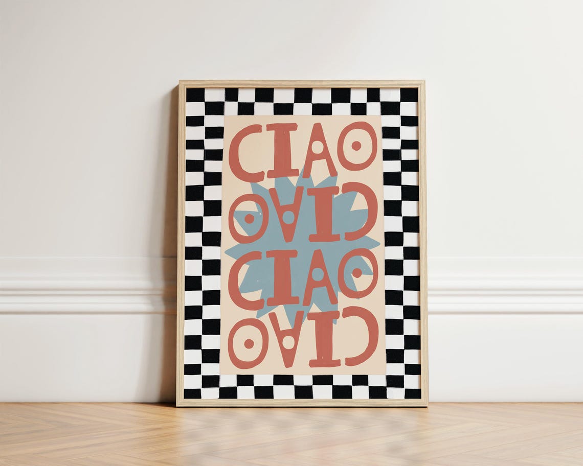 Ciao Typography Checkered Border Retro Starburst Italian Wall Art
