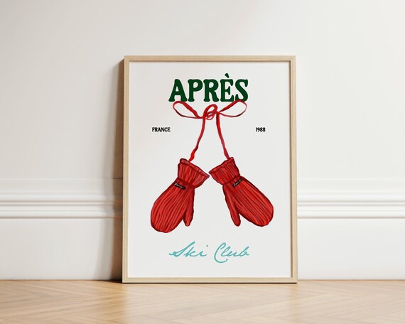 Apres France 1988 Ski Club Red Mittens Vintage Winter Poster