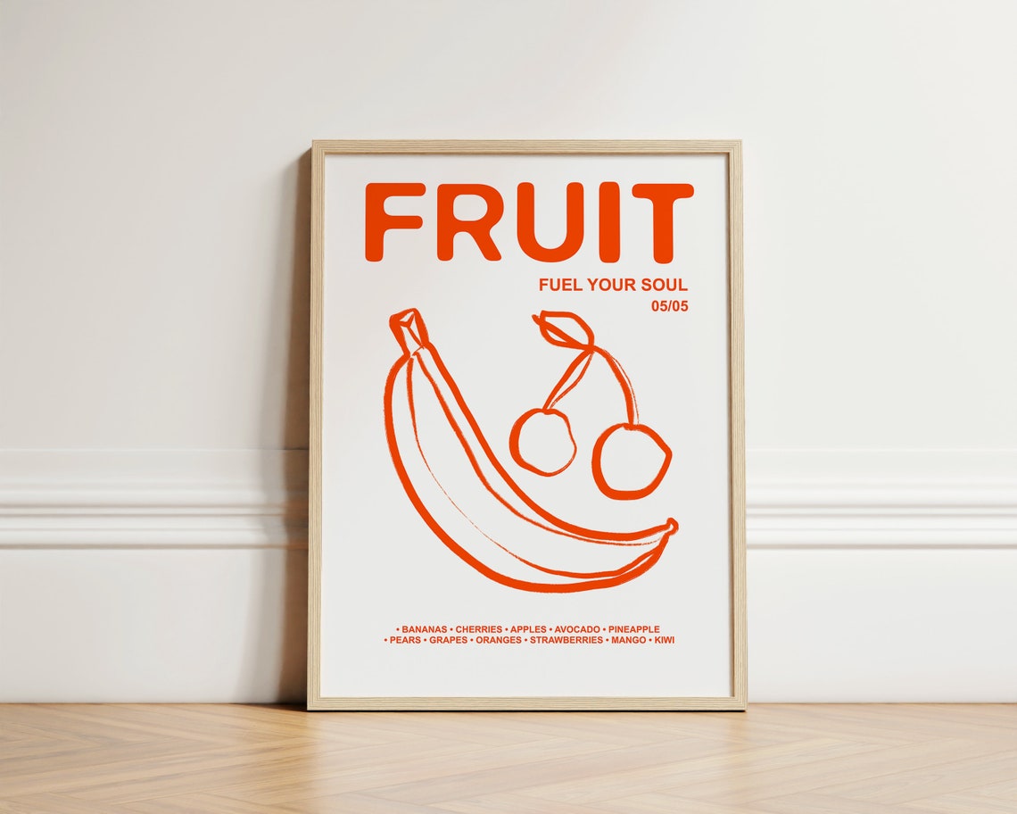 Retro Fruit Fuel Your Soul Banana Cherry Line Art Kitchen Poster