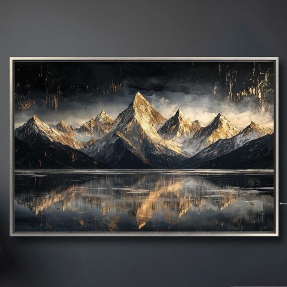 Mountain Lake Framed Print Panoramic Landscape Wall Art Golden Snowy Peaks Painting Print Nature Luxury Decor Ready To Hang