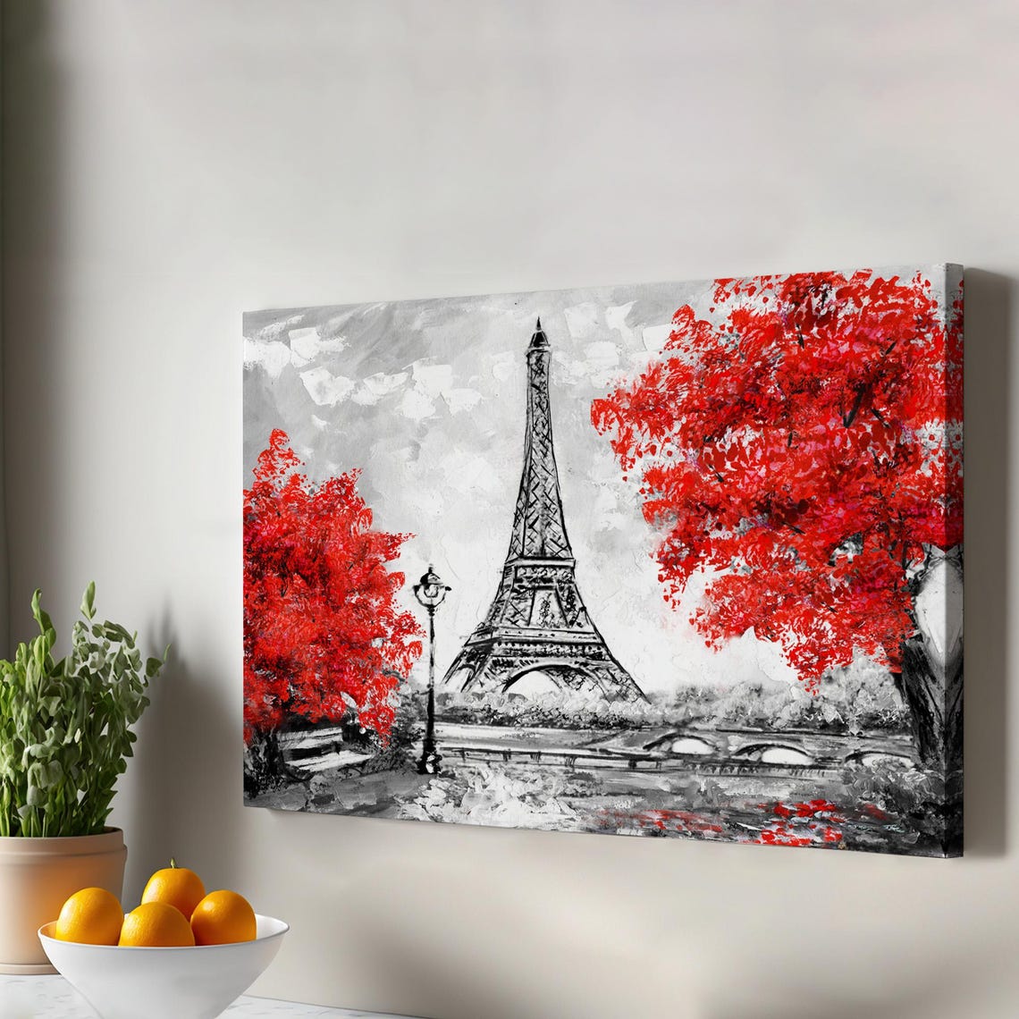 Paris Eiffel Tower Red Trees Black White Romance Canvas Art Print