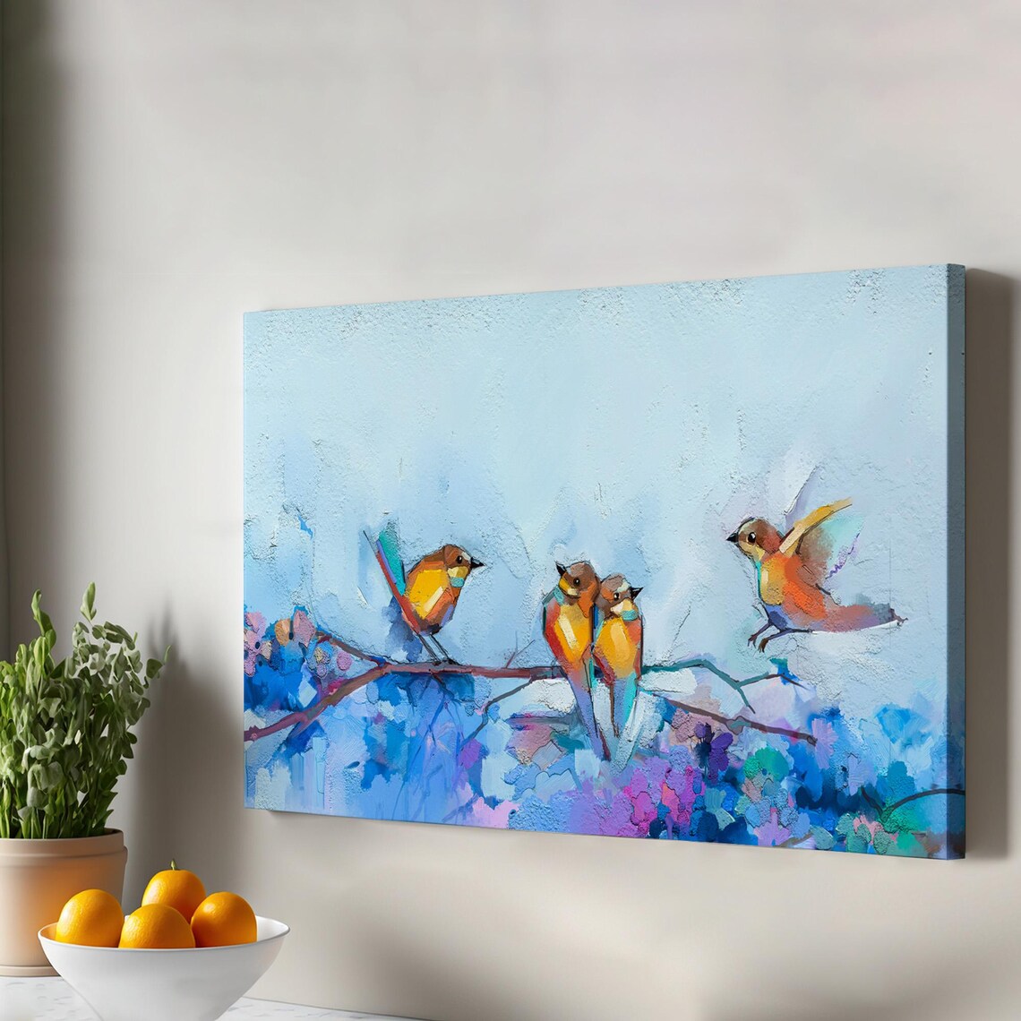 Colorful Spring Birds Blossom Branch Blue Sky Oil Painting Art Print