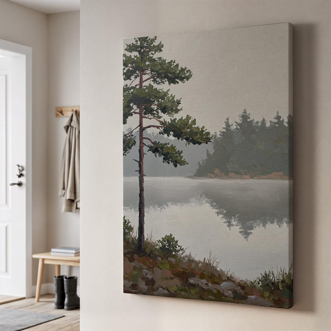 Minimalist Lake Canvas Wall Art Misty Pine Forest Landscape Painting Calm Nature Decor Framed Gift For Rustic Modern Serene Homes