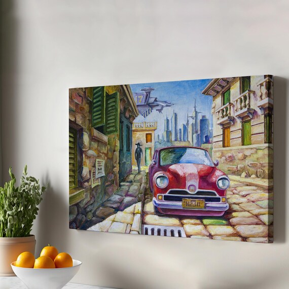 Classic Red Vintage Car on Old Cobblestone Street Oil Art Poster