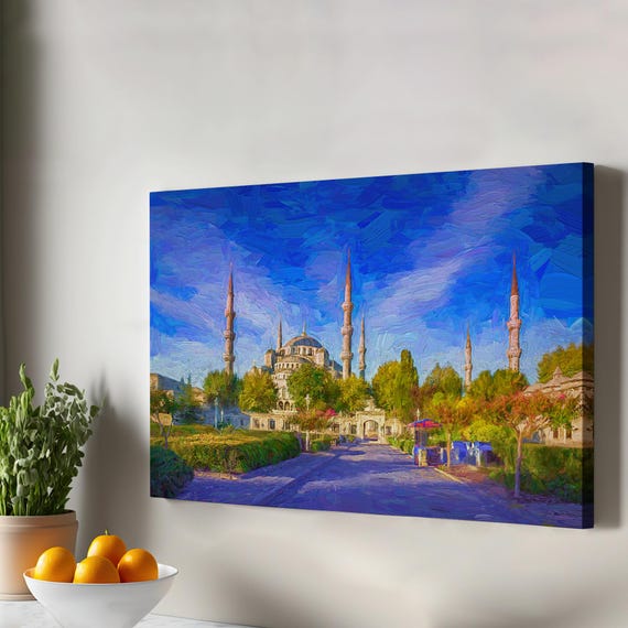 Sultan Ahmed Mosque Oil Painting Look Canvas Art Housewarming Gift Framed Wall Large Modern Decor