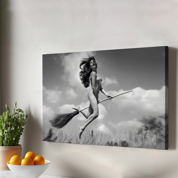 Naked Woman Flying With A Broom Canvas Painting N Modern Wall Decor Housewarming Gifts Framed Art