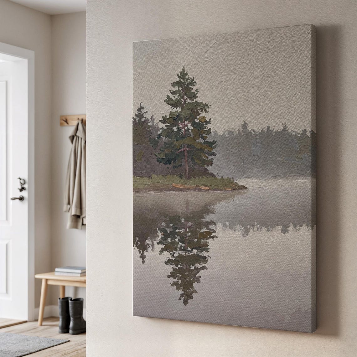 Misty Pine Island Lake Reflection Tranquil Nature Landscape Poster