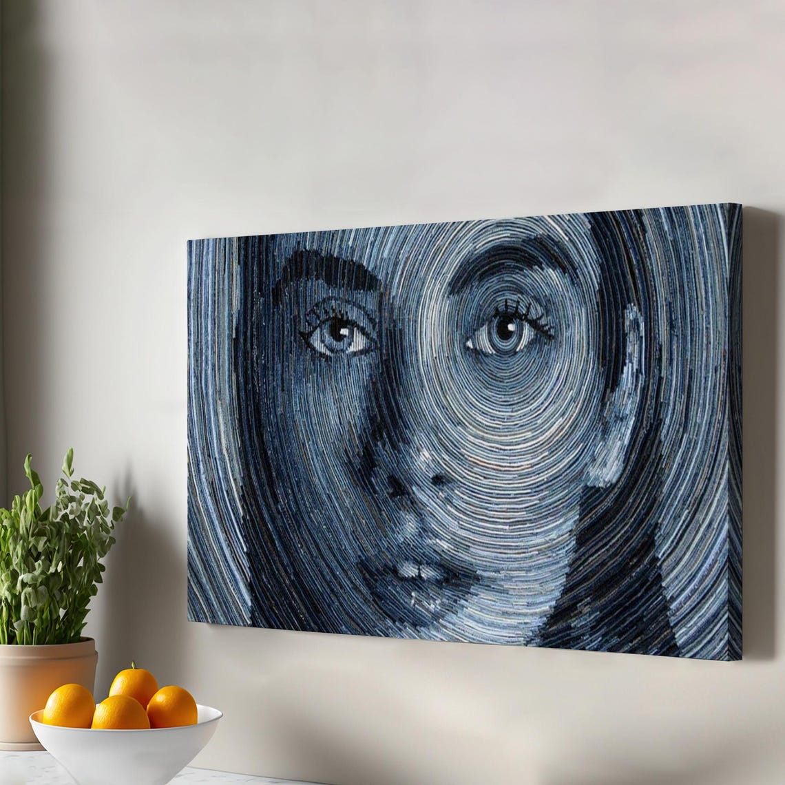 Blue Optical Illusion Spiral Lines Woman Face Modern Art Poster