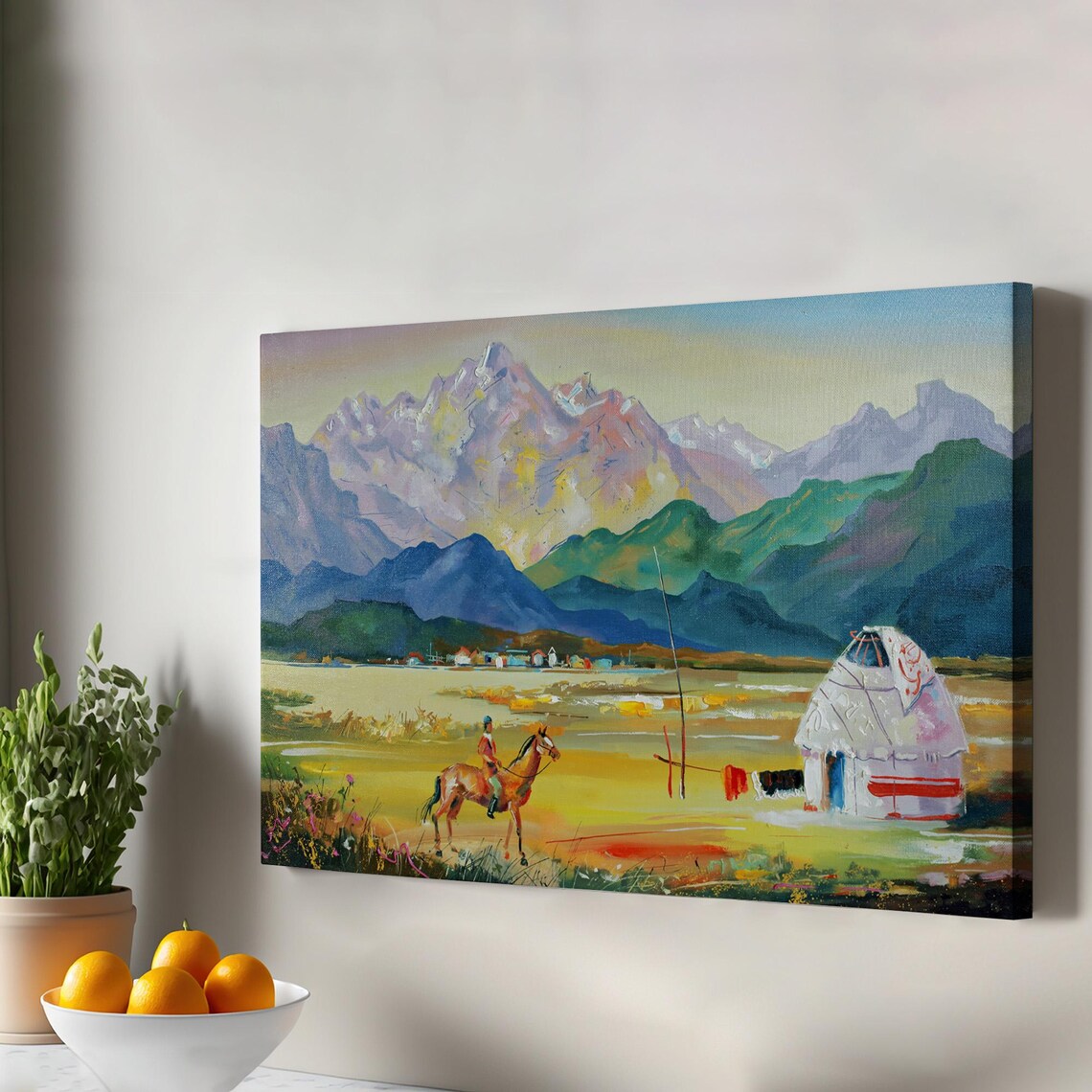 Kazakhstan Nomadic Tent Horse Rider Steppe Mountains Oil Art Print