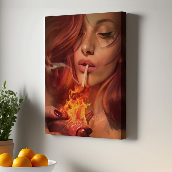 Woman Lighting Cigarette From Flaming Heart Surreal Red Hair Canvas Poster