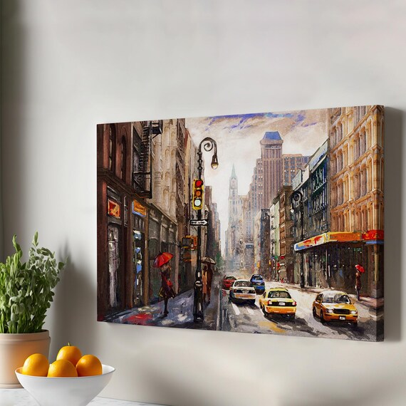 New York City Street Yellow Taxis Red Umbrella Oil Painting Wall Art
