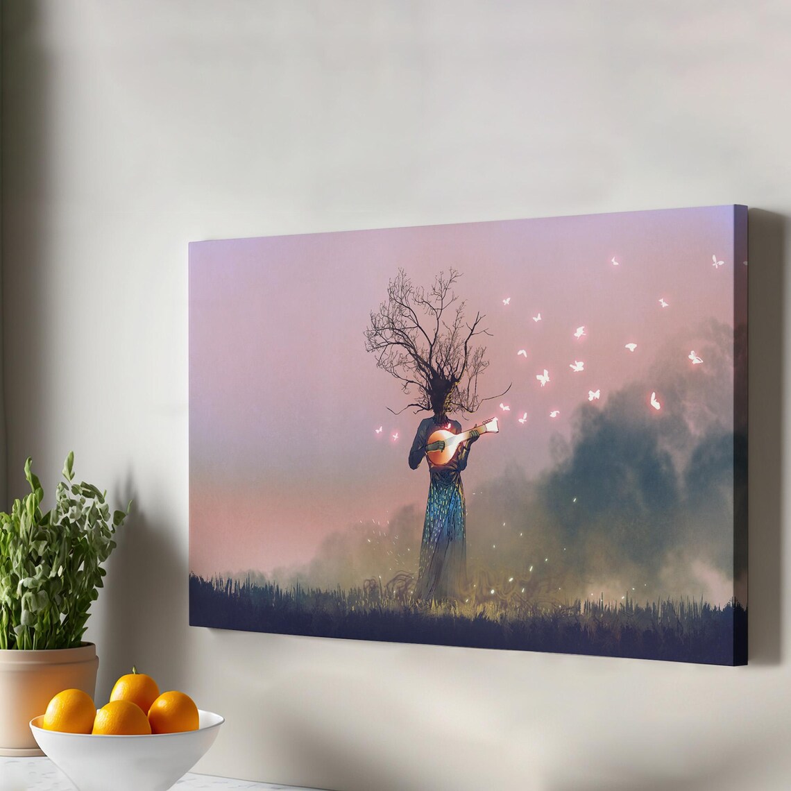 Mystical Woman Playing Lute Butterfly Fantasy Canvas Wall Art