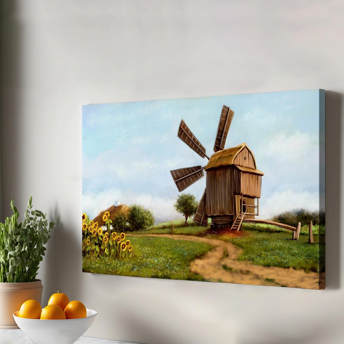 Old Wooden Windmill Oil Painting Canvas Wall Art with Sunflower Field