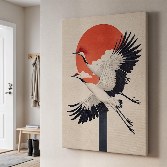 Japanese Crane Canvas Wall Art Red Sun Bird Print In Minimalist Style Elegant Nature Scene Framed Gift For Zen Calm And Modern Homes