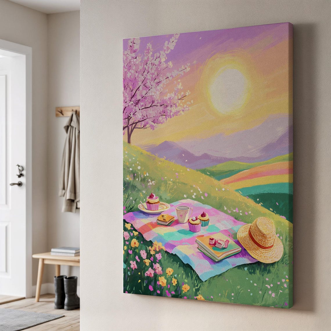 Cheerful Spring Meadow Picnic Pastel Cherry Blossom Cupcakes Poster