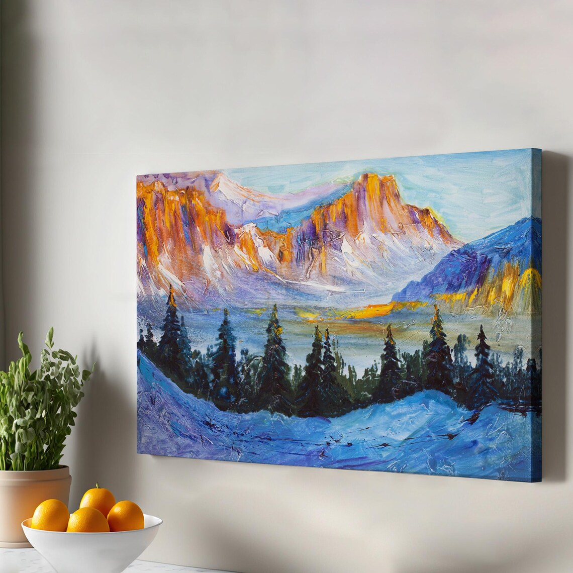 Snowcapped Mountain Peaks Winter Oil Painting Snowy Pines Landscape Poster