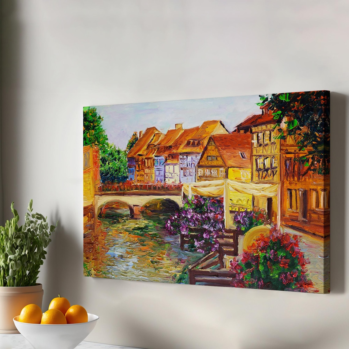 Historic European Canal Town Flowers Bridge Oil Painting Wall Art