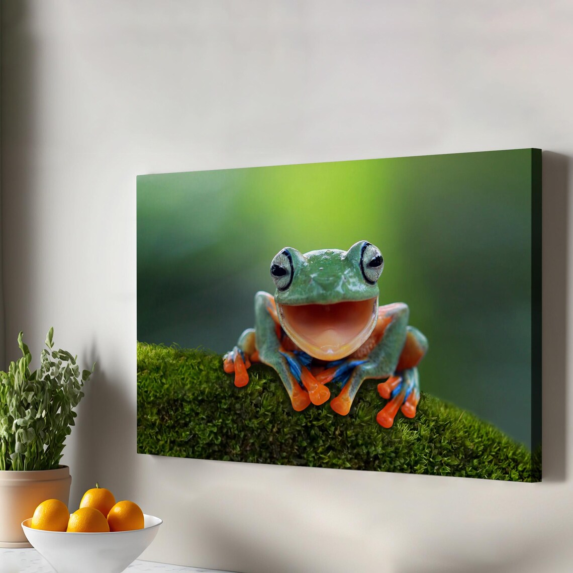 Smiling Tree Frog Close Up Colorful Eyes Moss Macro Photo Poster