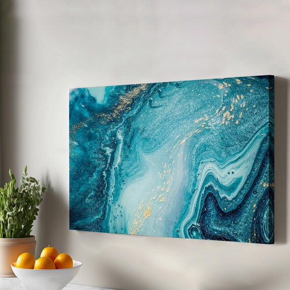 Abstract Ocean Depths Teal Blue Fluid Gold Canvas Wave Wall Art