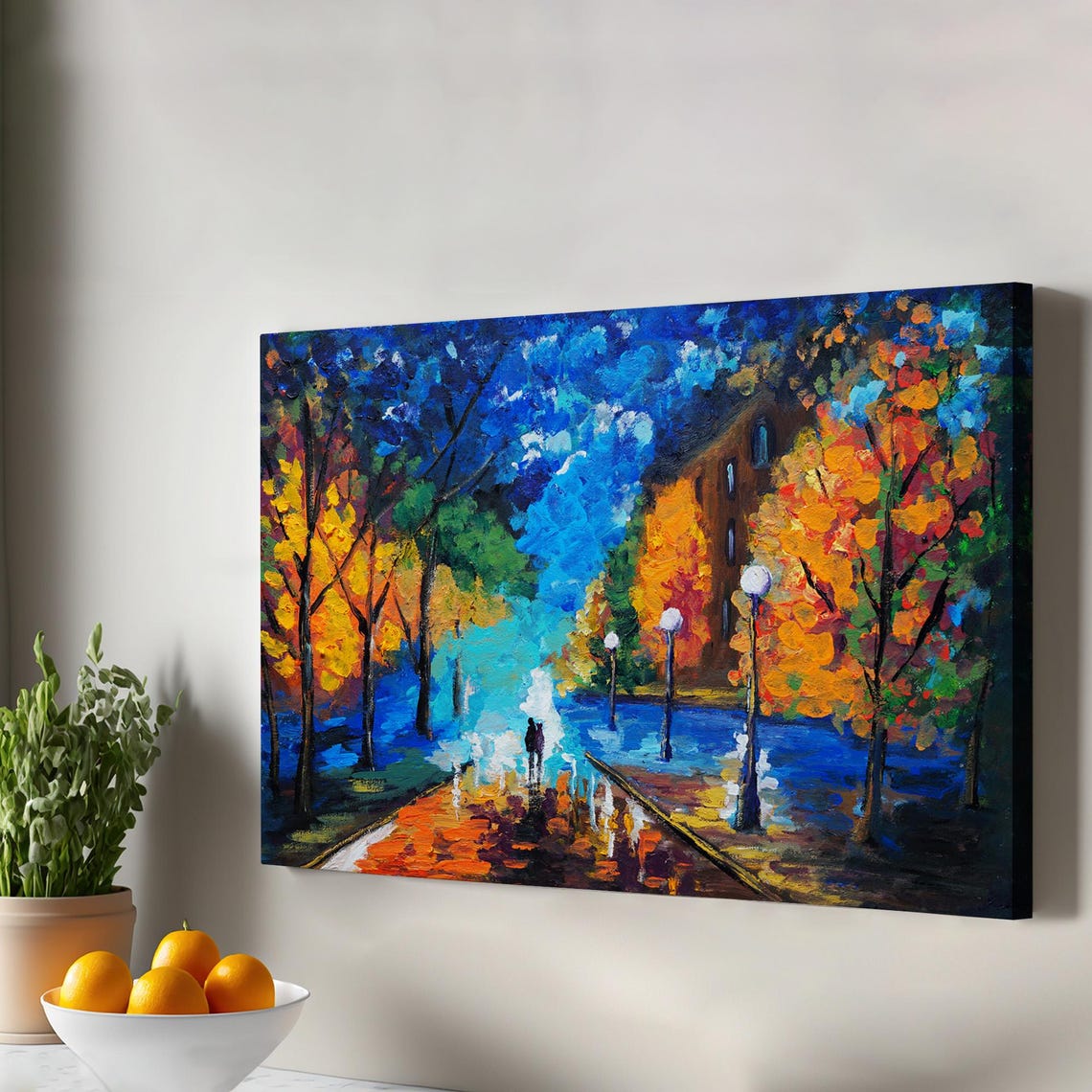 Couple Walking Rainy Night Street Impressionist Autumn Art Poster