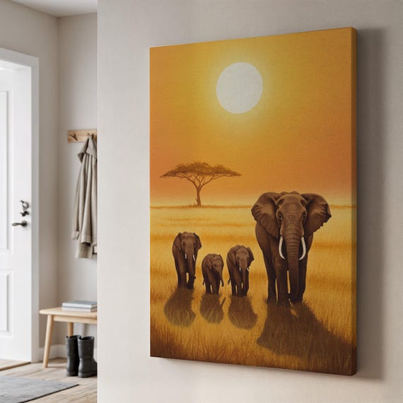 Elephant Family Canvas Wall Art African Sunset Savannah Painting Warm Safari Decor Framed Gift For Rustic Modern Nature Inspired Homes