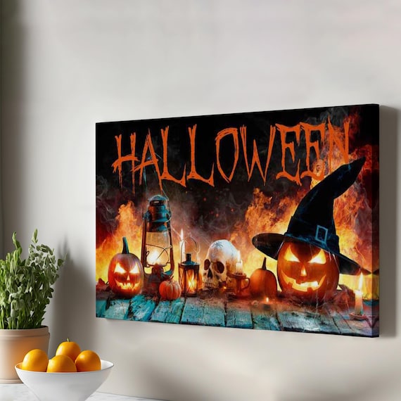 Skeleton Skull And Carved Pumpkins Halloween Decorative Wall Painting Framed Canvas Art Modern Decor