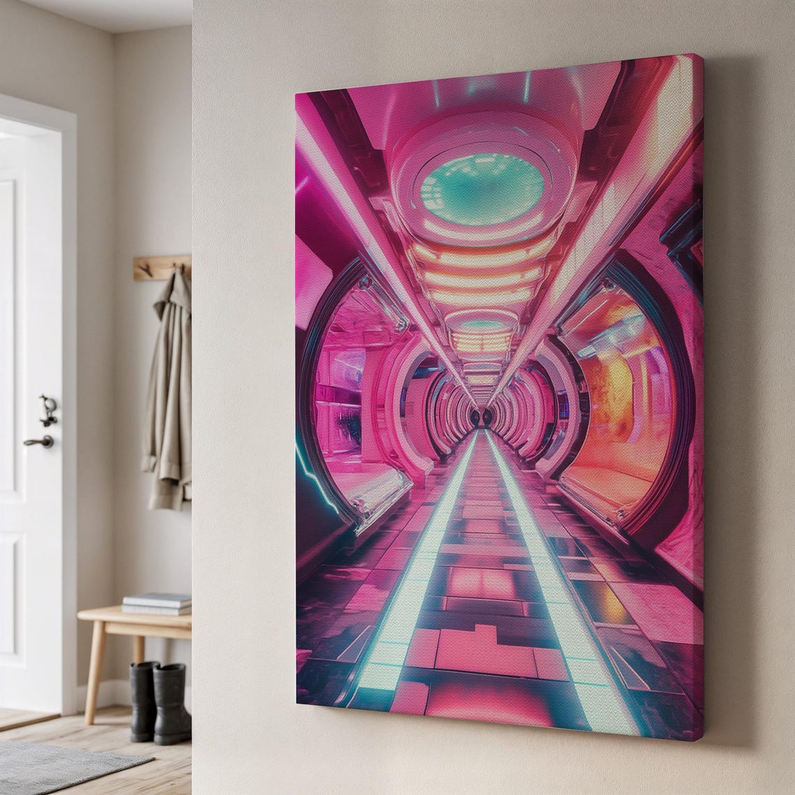 Futuristic Tunnel Canvas Wall Art Neon Pink Scifi Hallway With Led Glowretro Cyber Corridor Sceneframed For Techcore Or Gamer Spaces