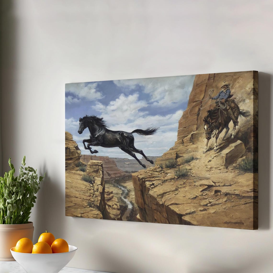 Wild Black Stallion Leaping Canyon Cowboy Roping Western Art Poster