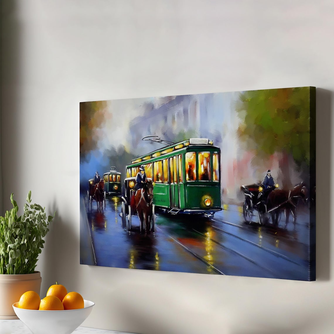Vintage Green Tram Rainy Evening Street Oil Painting City Scene Poster