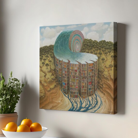 Surreal Library Bookshelf Wave Fantasy Reader Gift Canvas Art Print