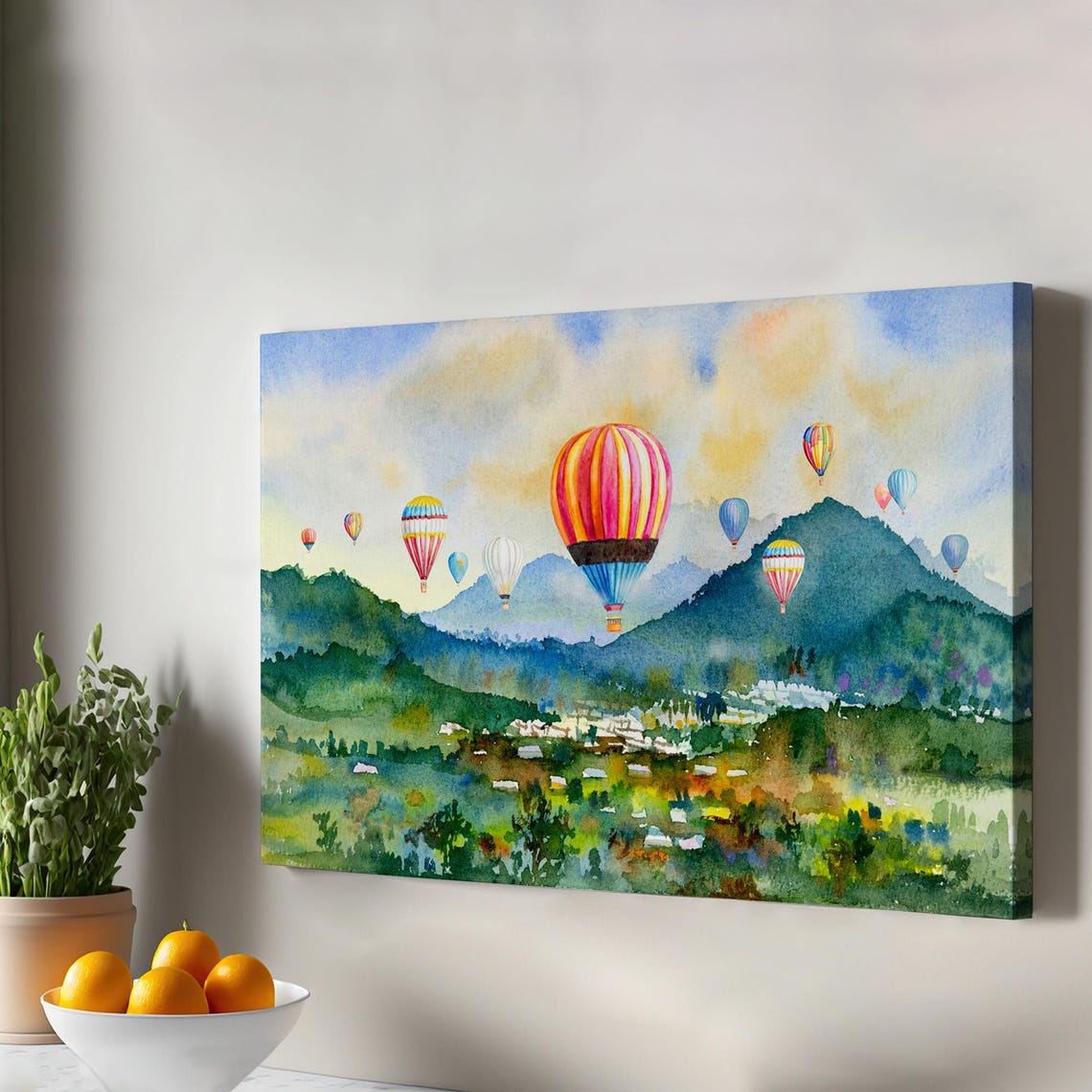 Hot Air Balloons Over Green Valley Watercolor Canvas Wall Art