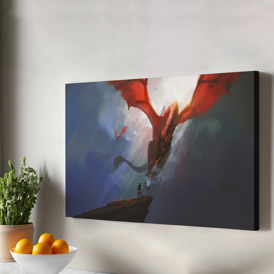 Red Dragon Fantasy Warrior Cliff Epic Sky Battle Canvas Print